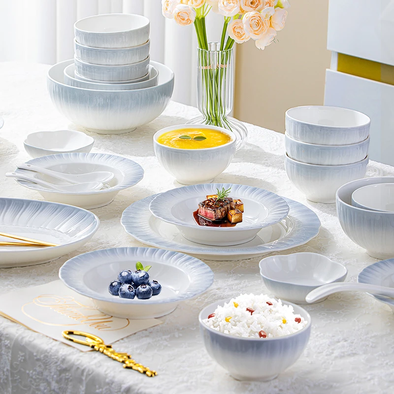 渐变灰饭碗筷子盘子勺子汤碗组合景德镇碗盘网红家用餐具乔迁之喜