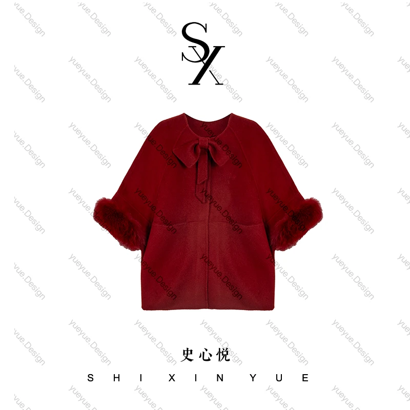 【悦悦专属】冬季新款蝴蝶结手袖毛毛A字斗篷双面呢外套Y1255