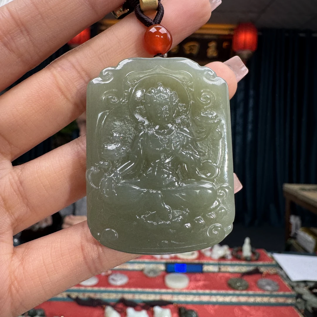 和田玉挂件双面雕刻方牌度母观音（35×49×12）