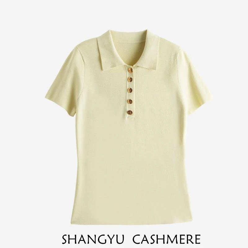秀场款！kvs120/2绢丝针织~金属浮雕纽扣真丝修身polo领短袖针织衫