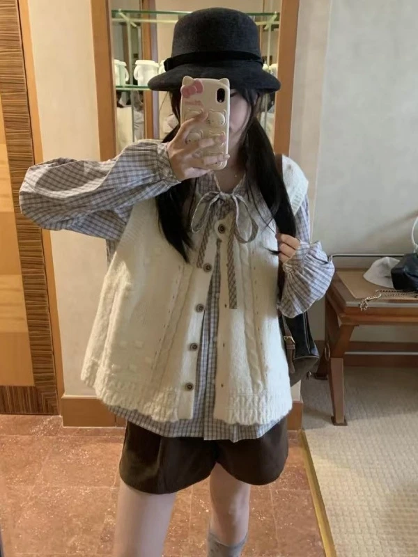 日系学院风早秋新款甜美风黑白格绑带衬衫叠穿马甲背心毛针织衫