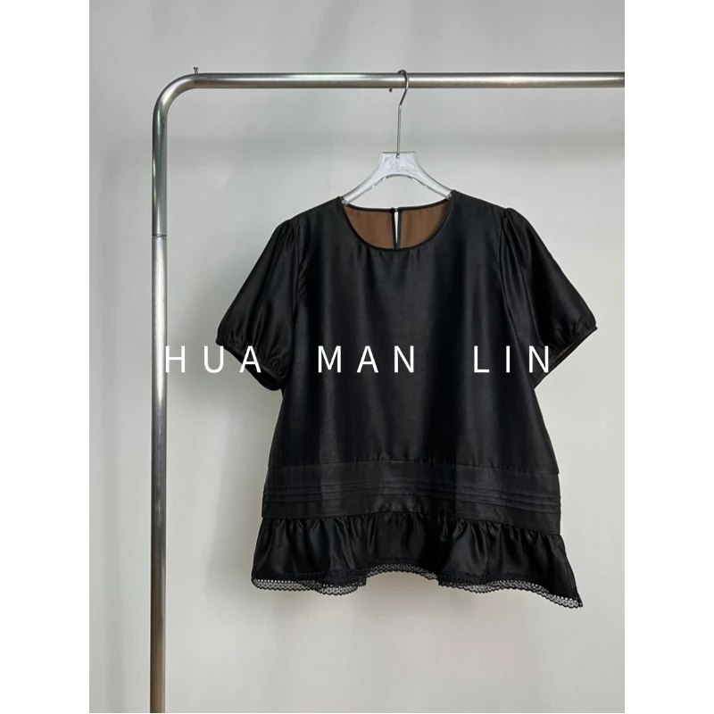 【花满林】圆领娃娃下摆镂空素平缎香云纱桑蚕丝短袖上衣259732