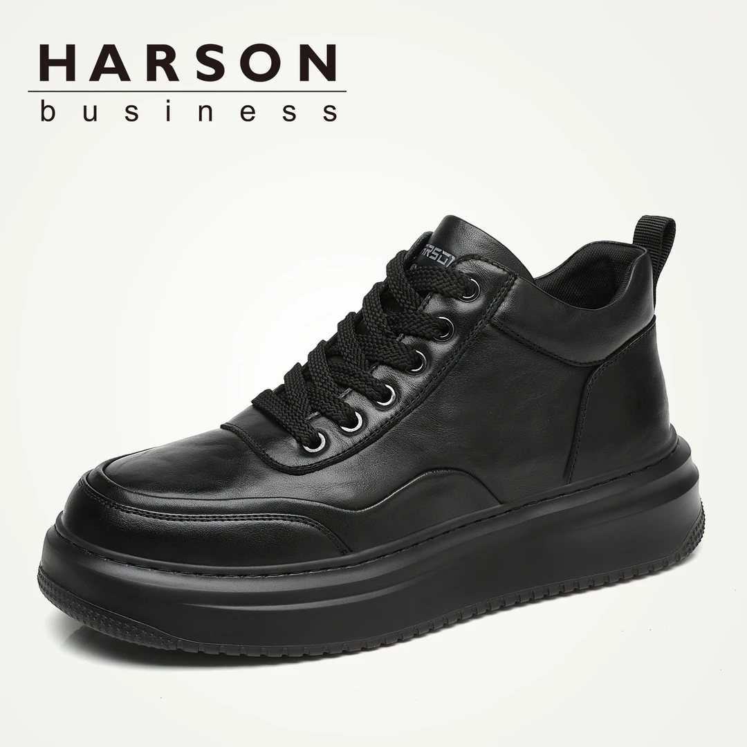 Harson/哈森【头层牛皮】高帮皮鞋加绒保暖冬季棉鞋男真皮厚底板鞋