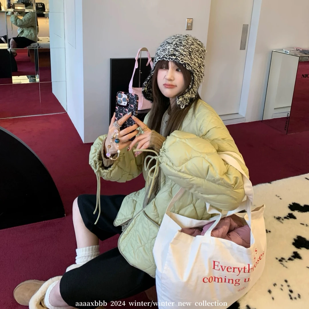 鹿儿岛温泉假两件葫芦纹棉服短款显瘦抽绳拼色外套女冬季