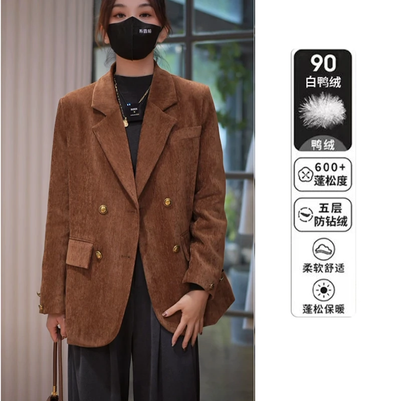 90白鸭绒毛呢西装外套女2025秋冬新款韩版时尚宽松灯芯绒西服上衣