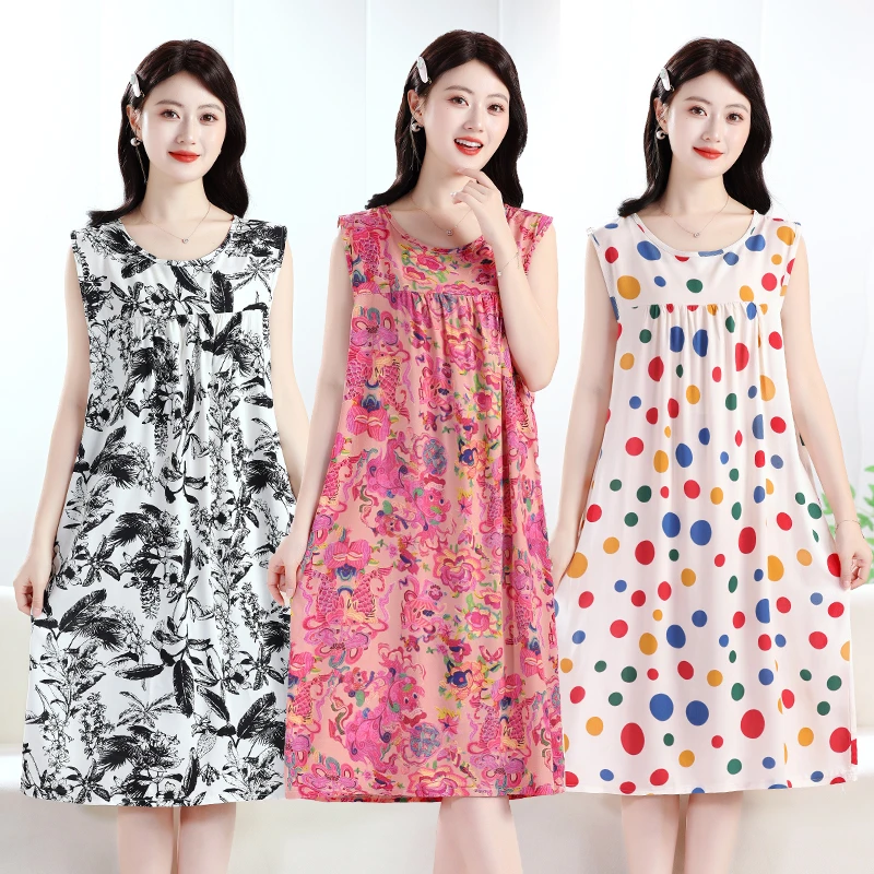 无袖棉绸睡裙女夏季中长款人造棉宽松印花薄款清凉感韩版妈妈装