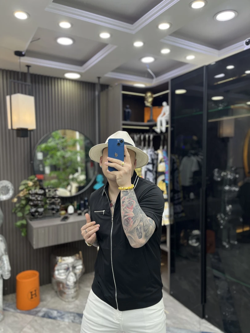 SH轻奢时尚高定男士雅痞拉链拼接撞色休闲短袖衬衫8592