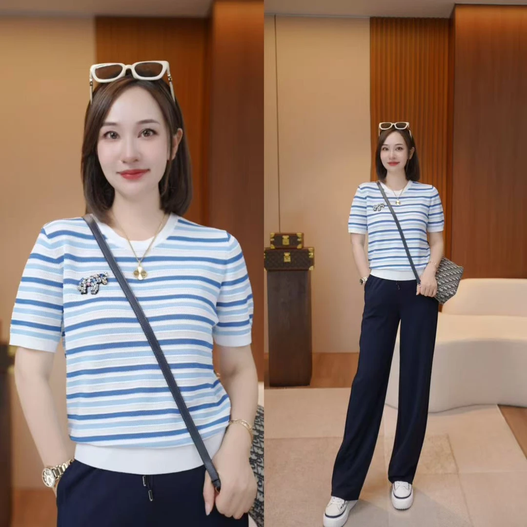 【彩钻小马】夏季轻薄30支双曲条纹手工钻清凉针织小衫XY25304