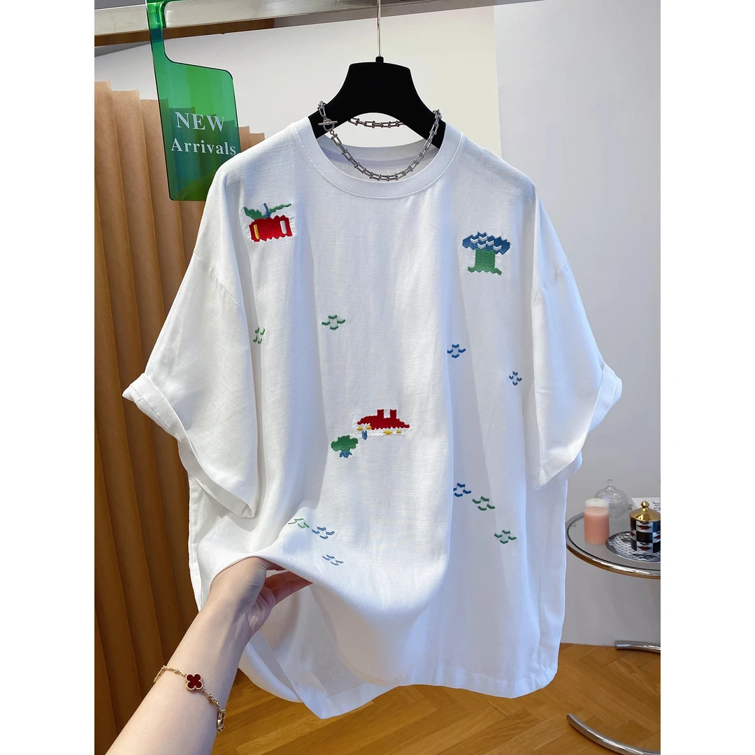 胖妹妹240斤大码刺绣白色t恤女短袖2025夏季新款宽松显瘦洋气上衣