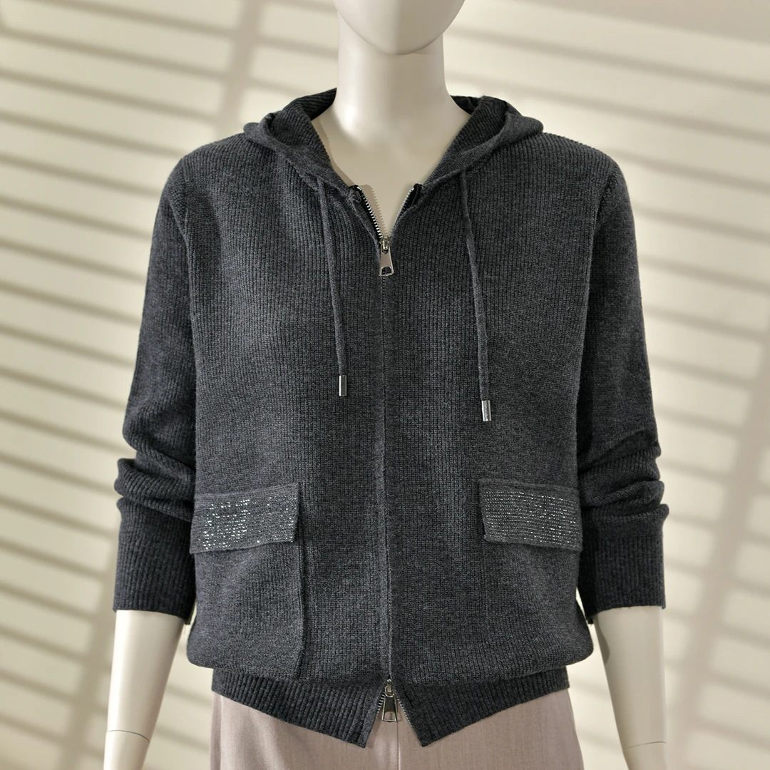 2025秋冬新款时尚连帽拉链针织开衫女洋气百搭简约显瘦毛衣外套