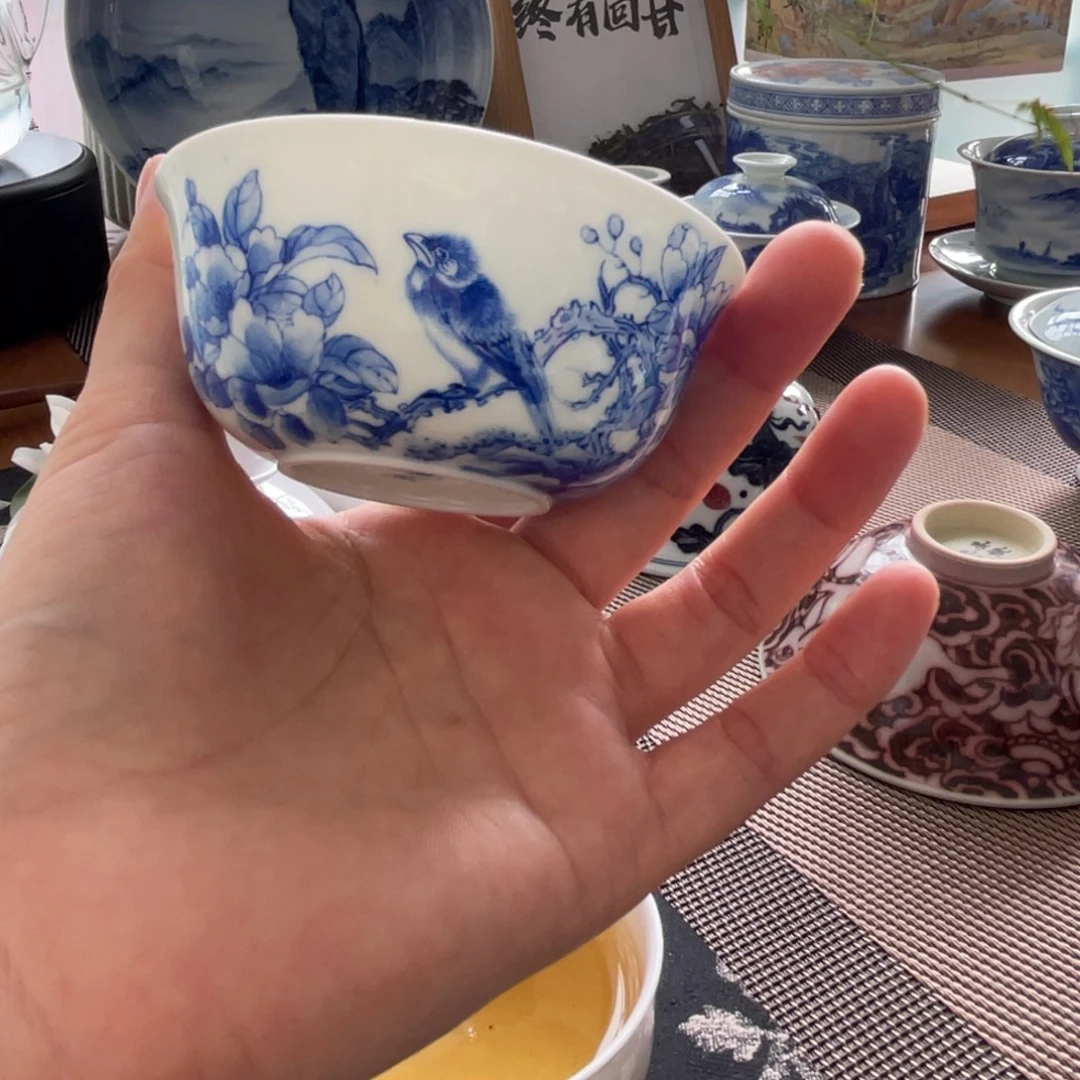 青花花鸟杯杯杯微微瑕