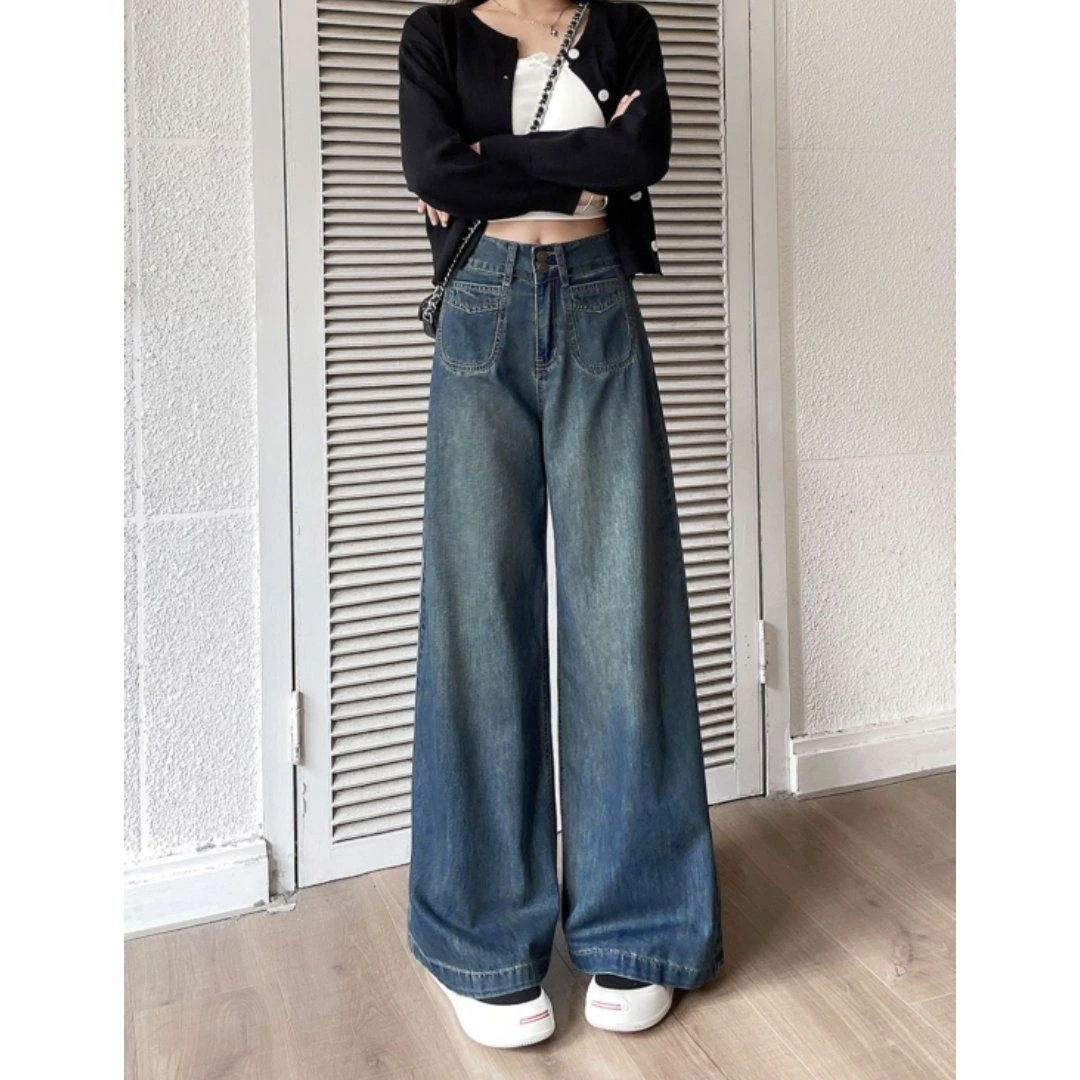 【现货+运费险】夏季复古蓝直筒牛仔裤女高腰显瘦垂感阔腿裤