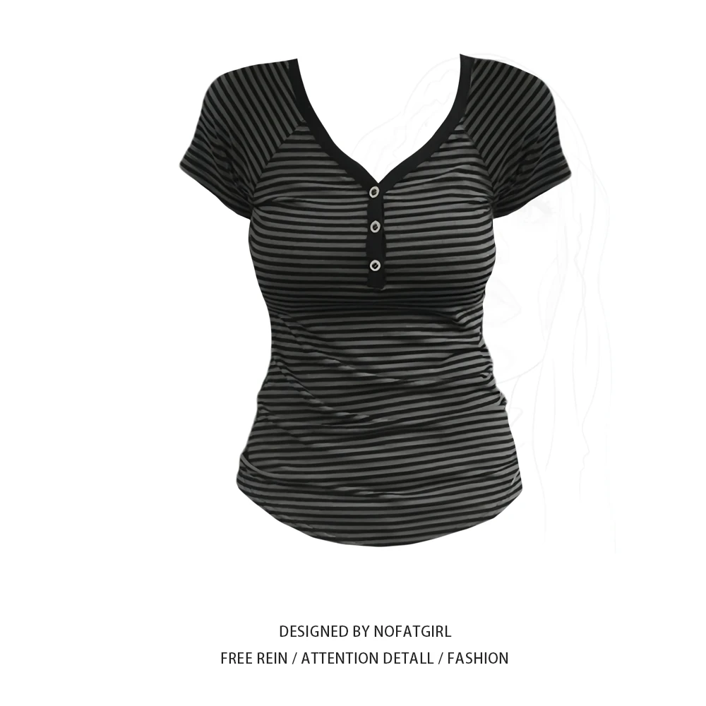 大码胖MM美式复古正肩条纹V领短袖T恤女夏季新款修身显瘦别致上衣