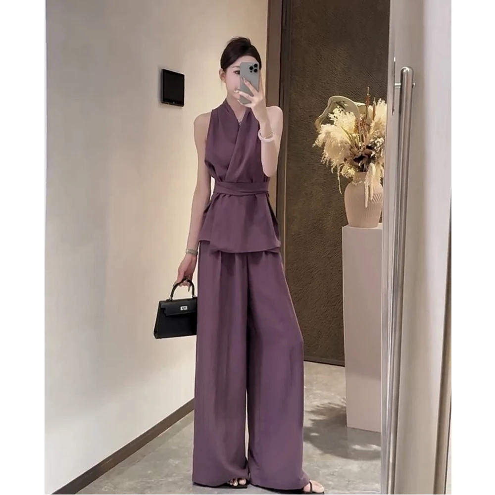 温柔风轻熟气质休闲套装女2025夏季绑带收腰上衣阔腿裤洋气两件套