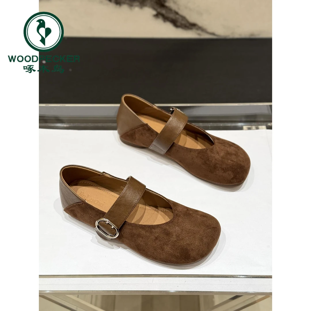 啄木鸟韩版圆头绒面一字带单鞋女2025新款秋复古豹纹玛丽珍小皮鞋