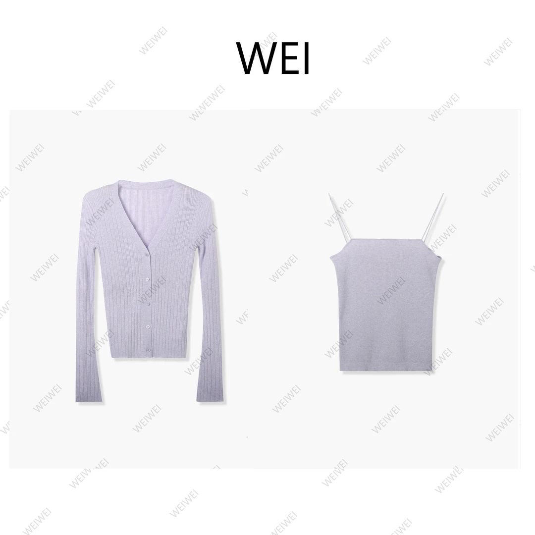 WEI【纸片人套装】气质长袖针织短款银葱纱显瘦两件套装CW25CZ146