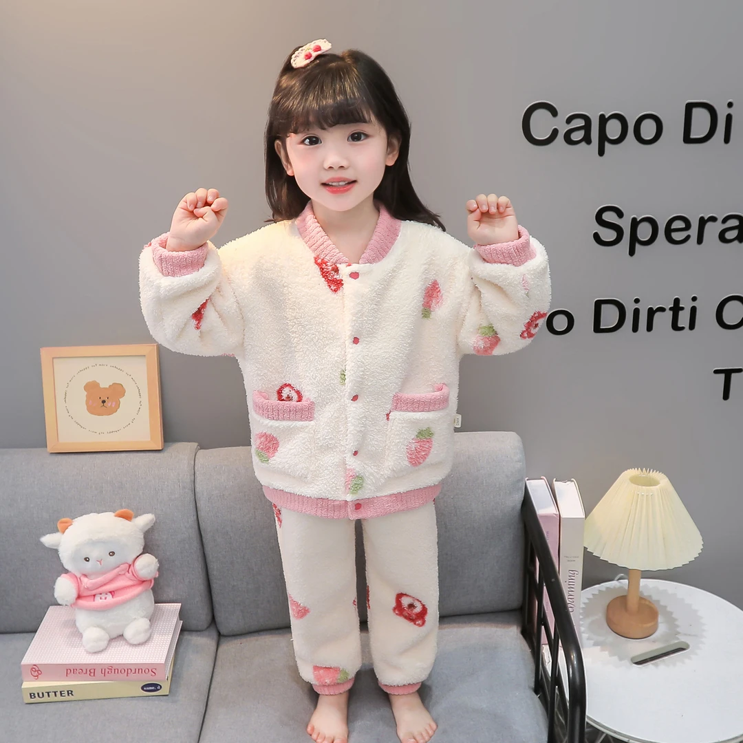女童睡衣秋冬季米粒绒加厚珊瑚绒2025新款儿童家居服套装宝宝女孩