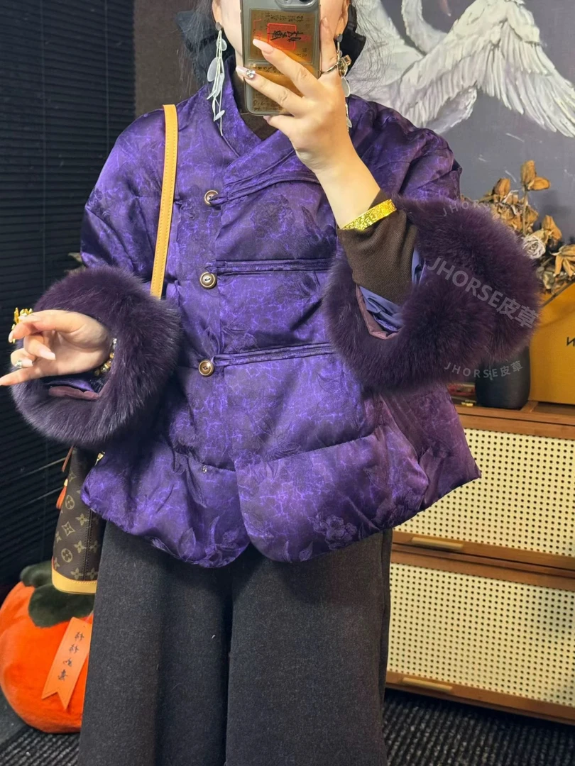 【旋狐】白鹅绒新中式圆领新款外套宽松国风气质时尚提花上衣25237