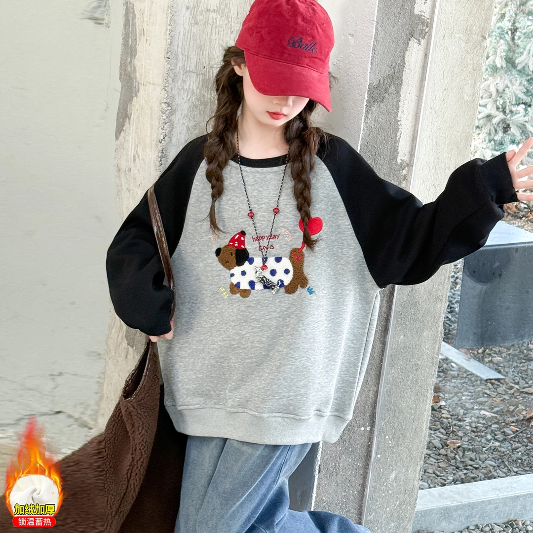 女童加绒卫衣2025新款儿童秋冬加厚外穿中大童冬季洋气一体绒上衣