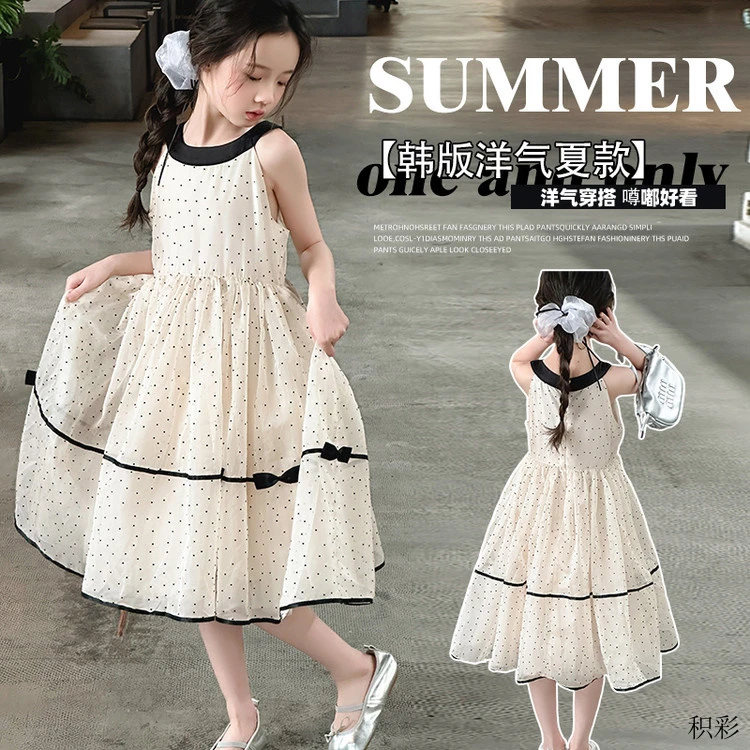 洋气积彩童装好看公主裙夏季小飞袖波点网纱撞色夏大童甜美裙子