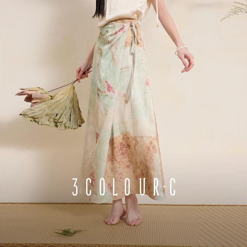 三彩【烟岚素影】2025夏季新款新中式半身裙印花提花A字裙长裙C