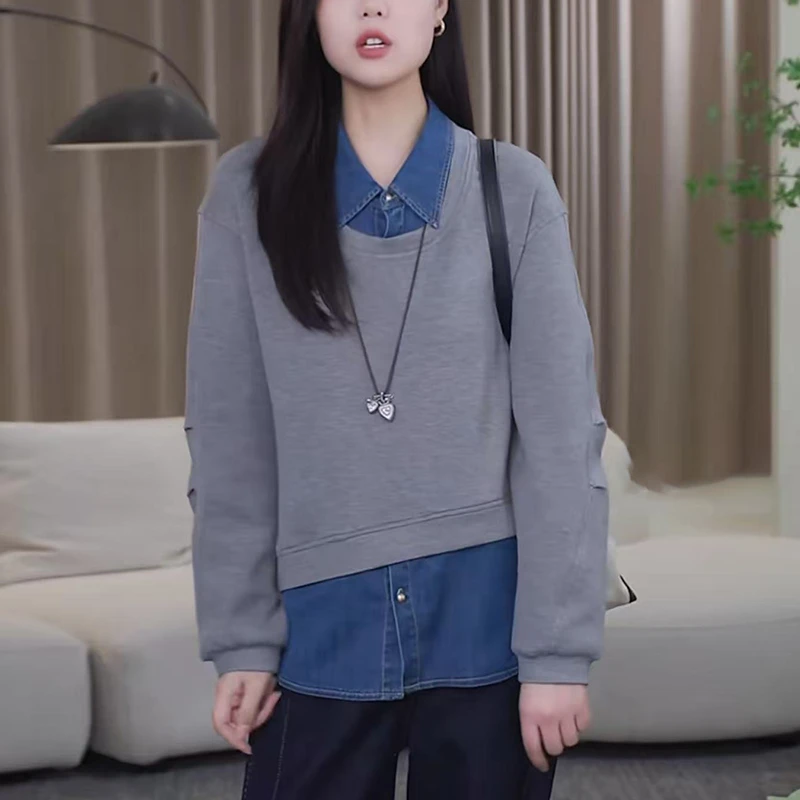 时尚灰色长袖卫衣女2025秋季爆款减龄宽松显瘦牛仔拼接假两件上衣