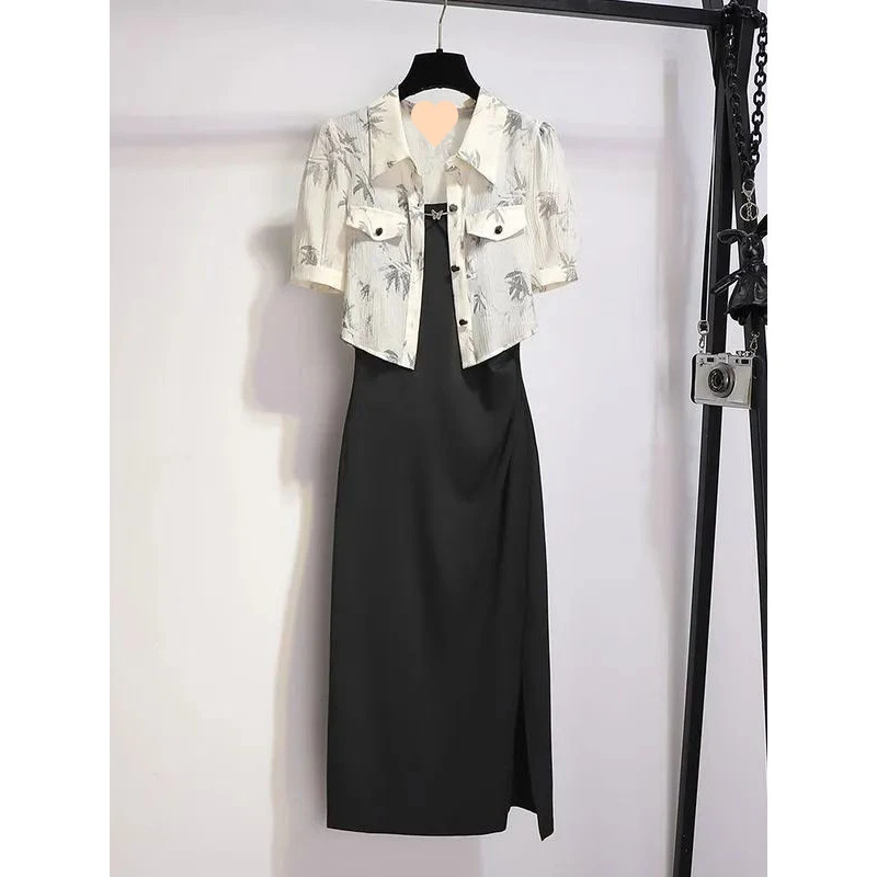 吊带连衣裙女夏季2025新款名媛高端女神范高级感两件套开叉包臀裙