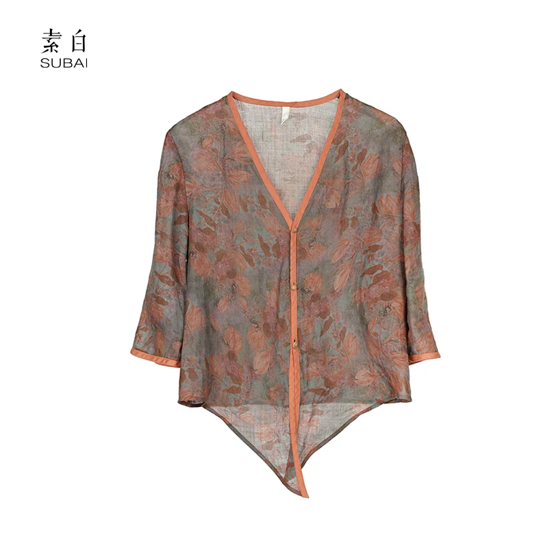 素白100%苎麻【林间微醺】S01435印花V领透气外搭防晒衬衫