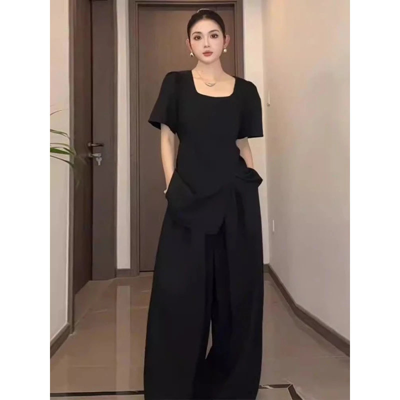 大码赫本风黑色套装女夏季胖mm显瘦开叉短袖T恤上衣+阔腿裤两件套