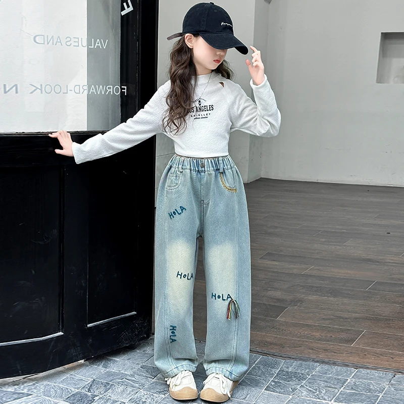 女童冬季加绒裤子2025春季新款女孩中大童牛仔裤加厚阔腿裤韩版潮