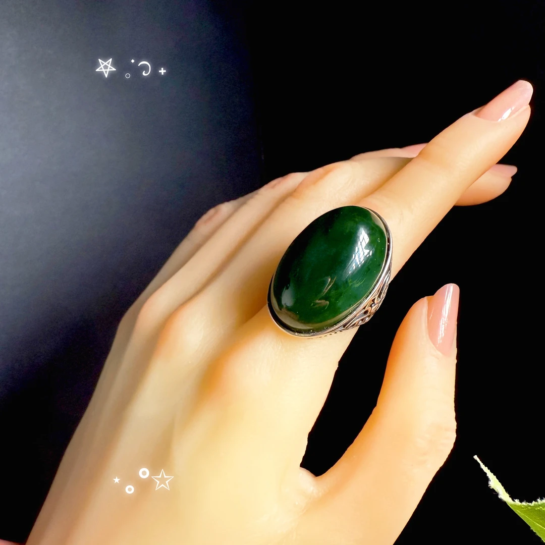 [女王戒]天然和田碧玉精美大蛋面s925银镶嵌戒指开口戒【00124】