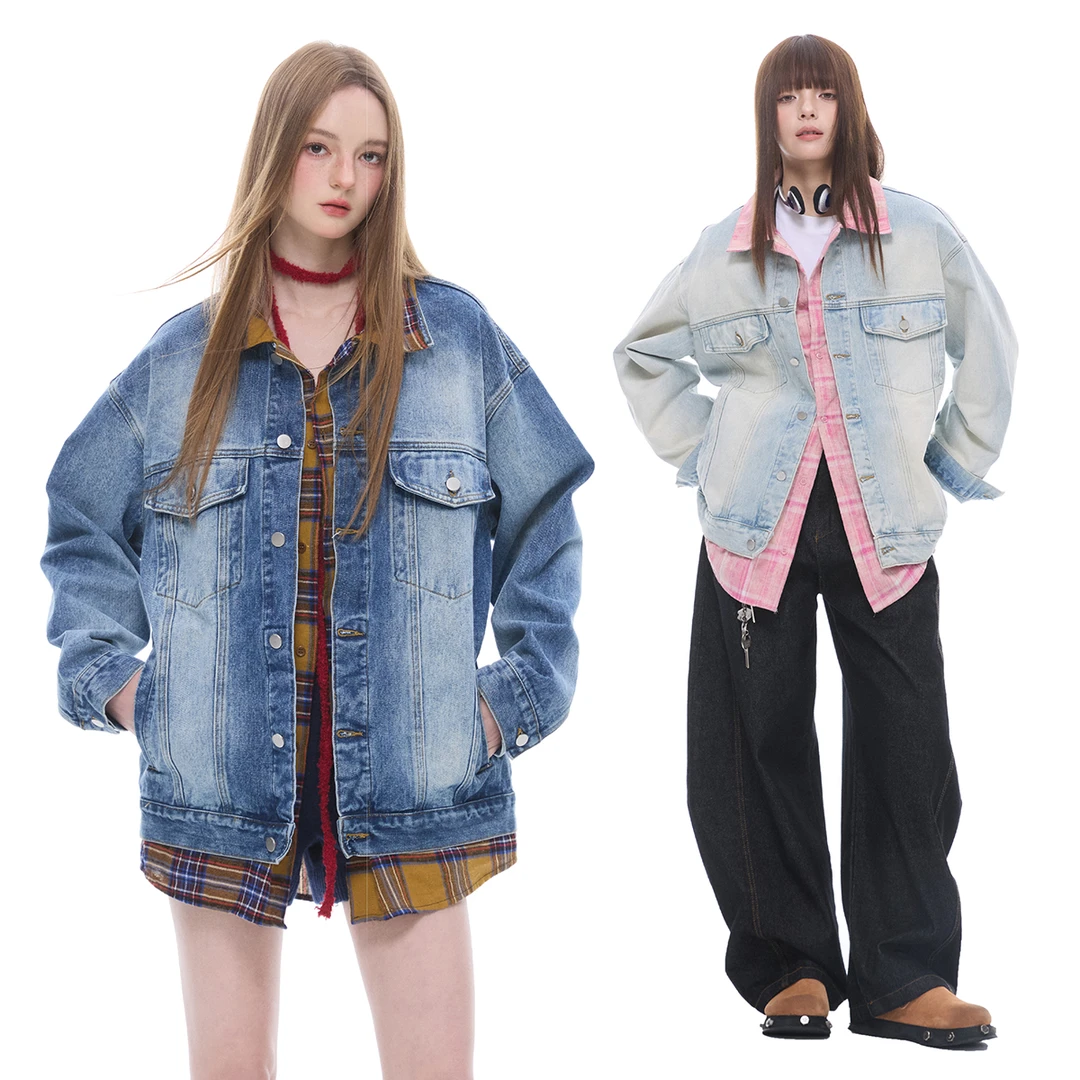 ZEXO美式复古牛仔外套撞色翻领假两件水洗做旧风潮流时尚