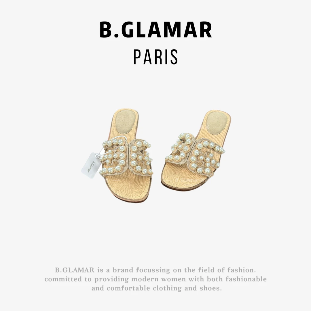 B.Glamar｜夏季麻绳编织珍珠休闲女士轻奢平底凉拖鞋P271029