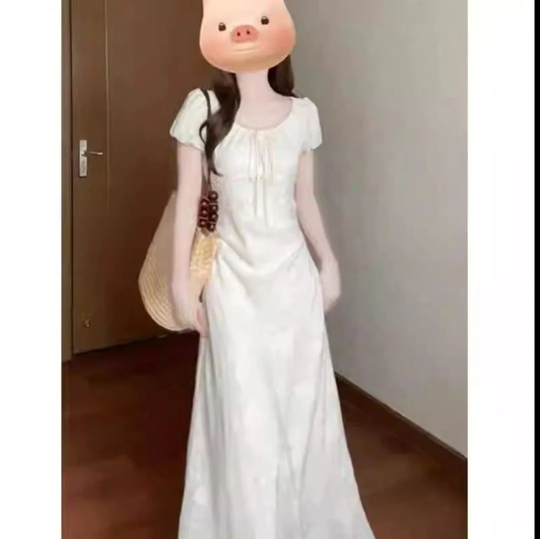 夏日法式温柔风杏色连衣裙子女装高级设计感短袖气质收腰显瘦裙子