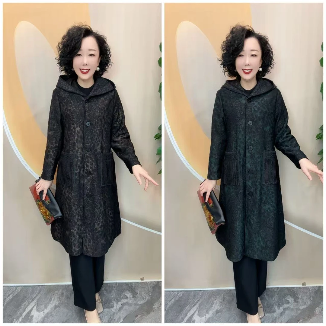 48新款连帽提花加衬里流苏兜时尚宽松大码风衣外套，衣长105