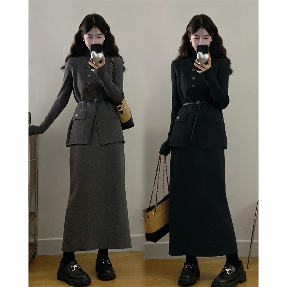 大码秋季新款小香风马甲针织三件套半高领打底衫高腰半身裙套装