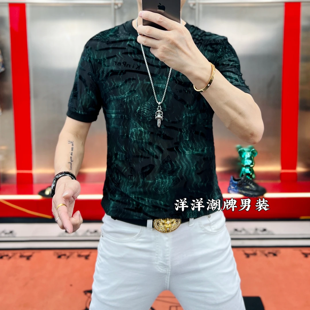 洋洋家夏新款时尚潮流男士植绒提花薄款修身百搭弹力镂空冰丝短袖