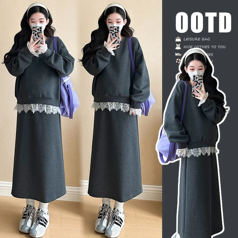 孕妇套装春秋款2025新款孕妇装秋冬款一套穿搭蕾丝拼接卫衣半身裙