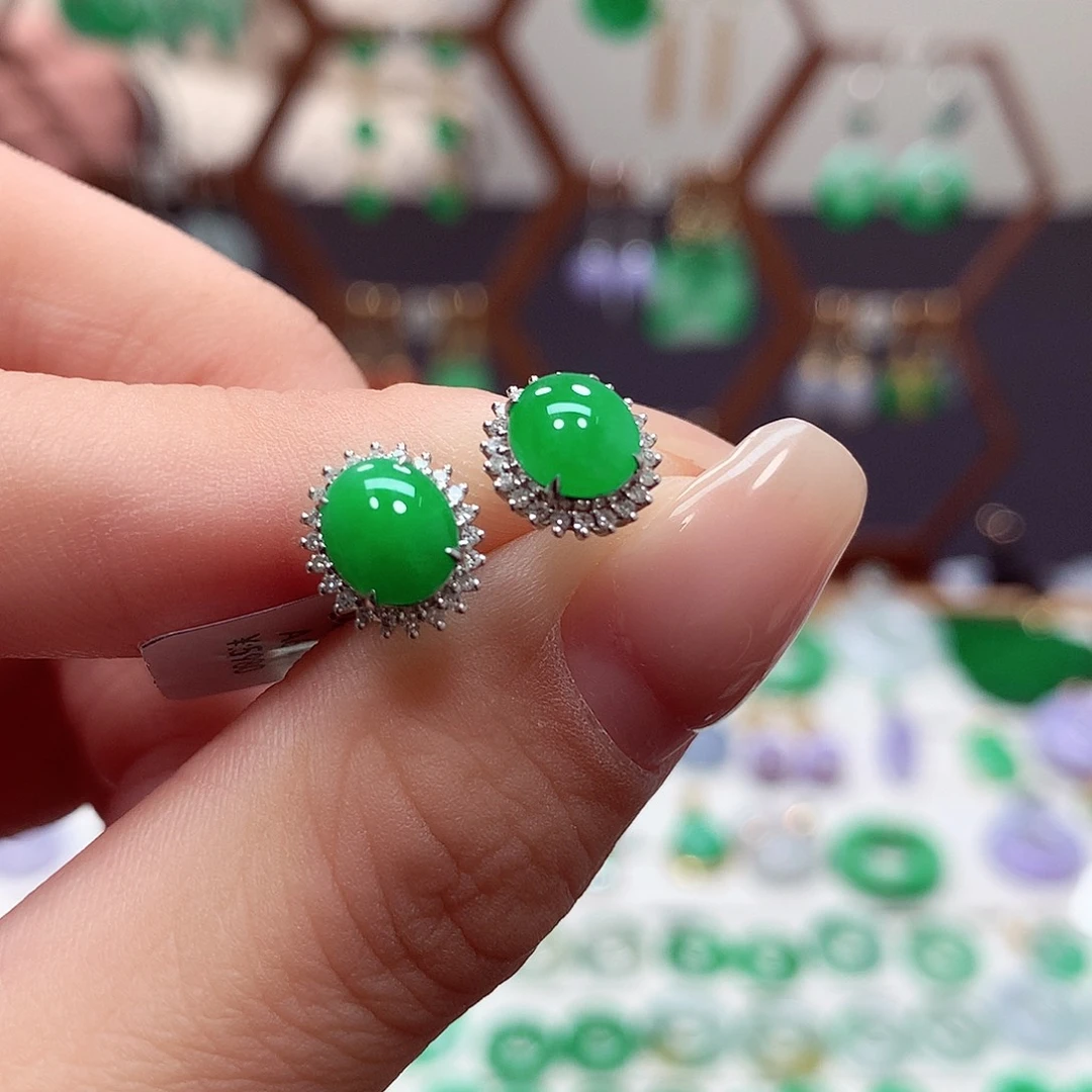 翡翠耳饰18K金镶嵌天然翡翠