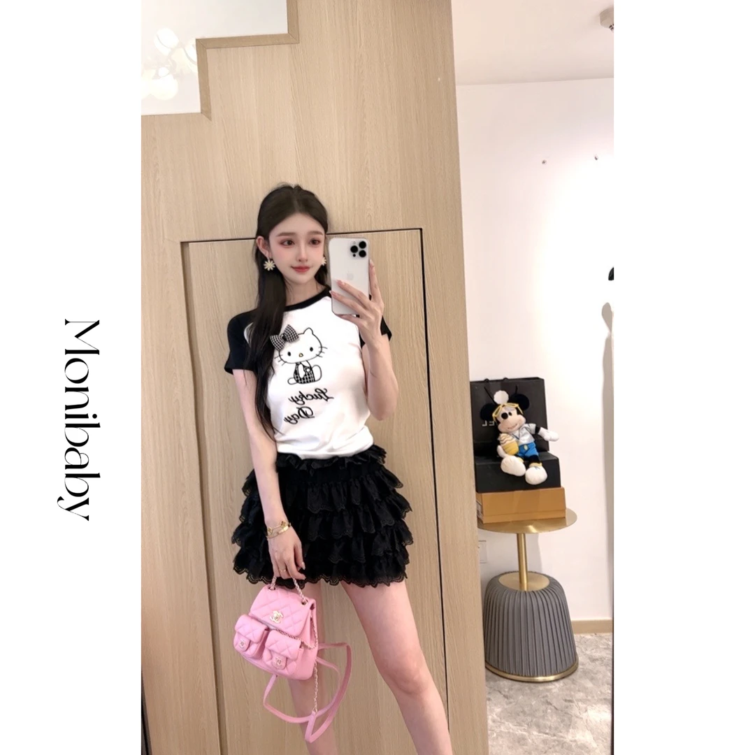 Moni【可爱猫咪】卡通图案猫咪时髦圆领短袖T恤