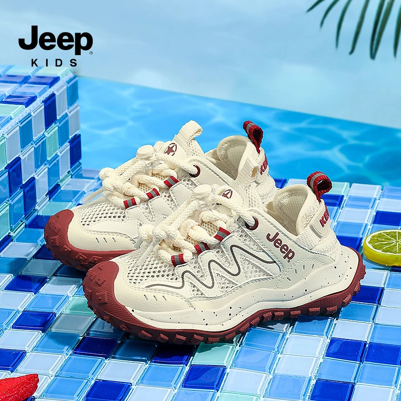 Jeep女童一脚蹬运动鞋夏季单网镂空男童户外登山徒步儿童休闲跑鞋