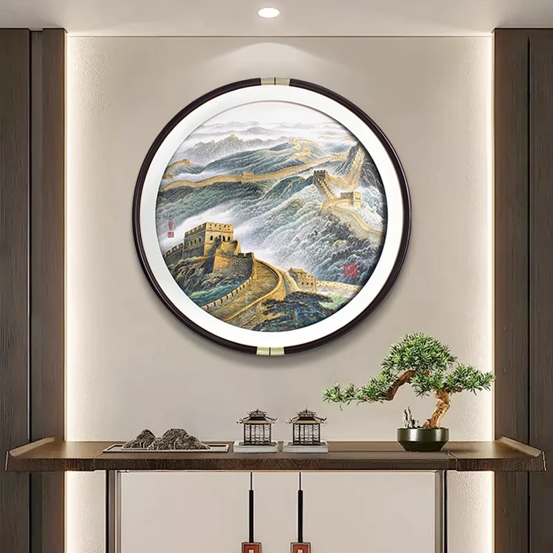 万里长城玄关装饰画高档别墅样板间入户门正对墙挂画走廊过道壁画