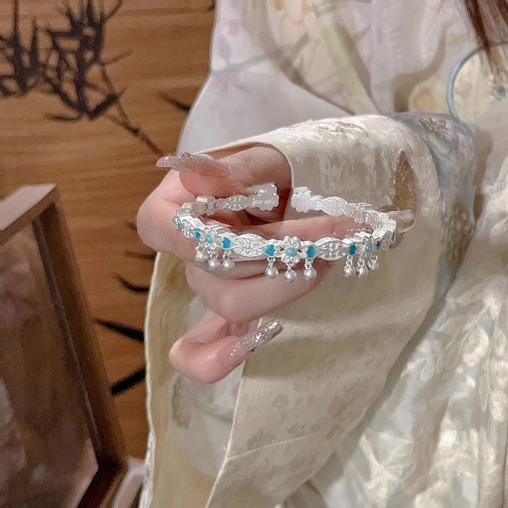 足银手镯 足银999珐琅彩银手镯花朵铃铛开口纯银镯子年轻款送闺蜜