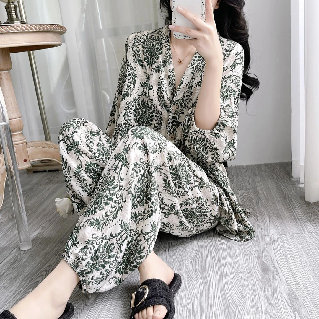 女士棉绸睡衣家居服碎花显瘦气质时尚夏季薄款印花大码休闲韩版