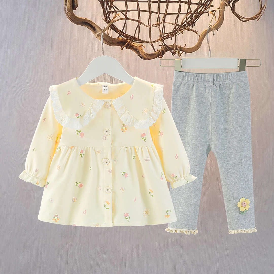 女童套装2025新款春秋宝宝洋气可爱卡通婴儿碎花长袖上衣两件套