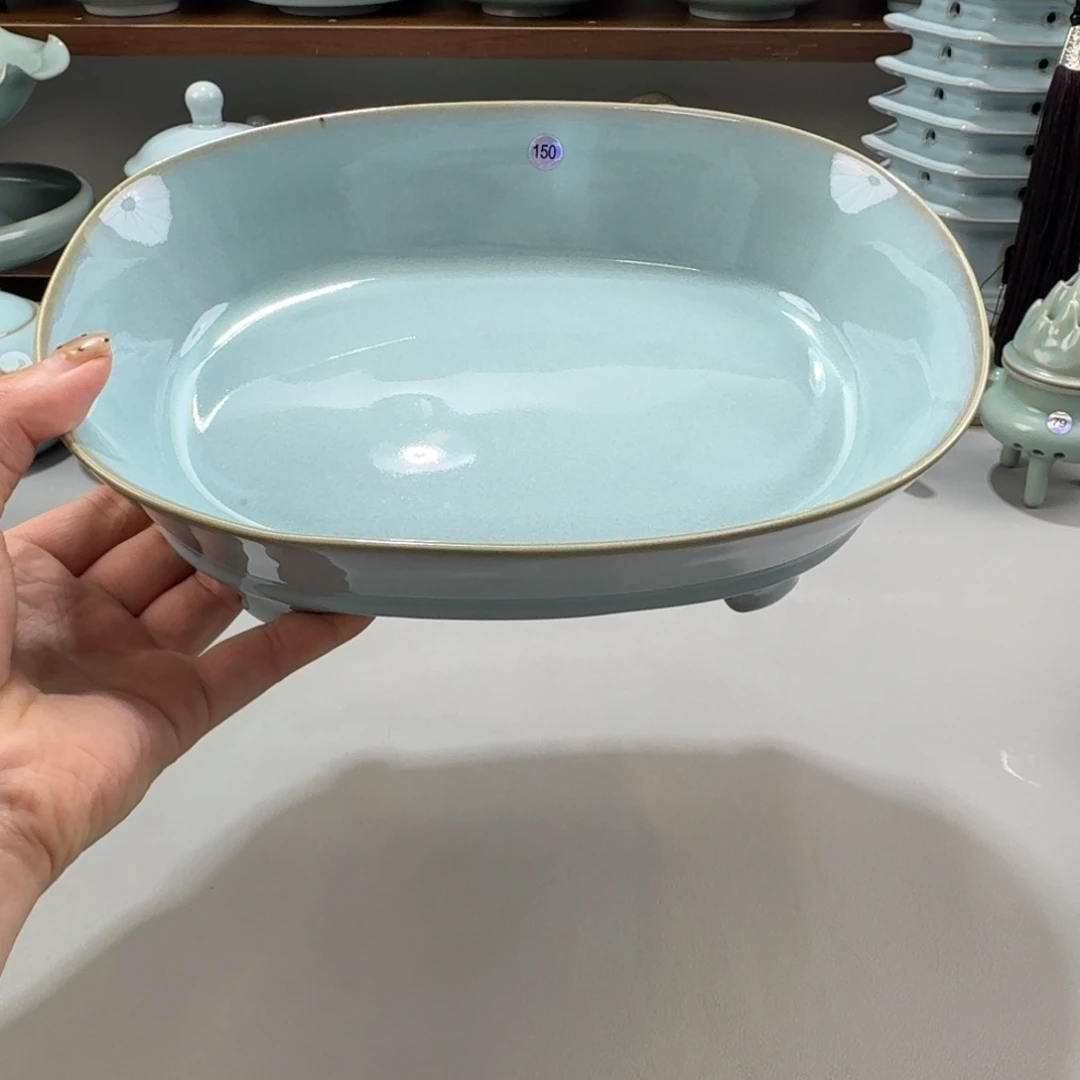 摆件瓷微瑕汝窑天青釉大号水仙盆编号150