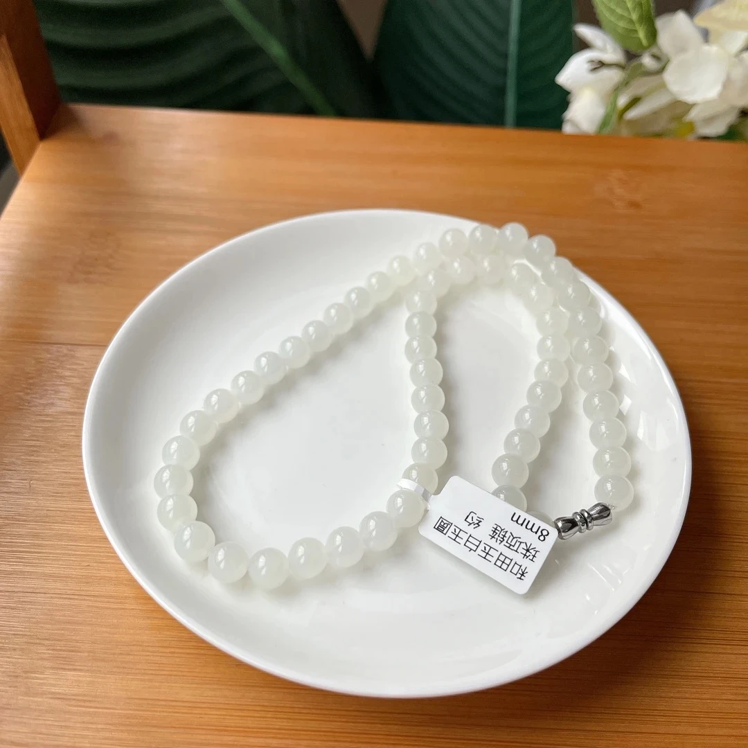 【珠宝厂长】约8mm和田玉白玉圆珠项链妈妈链