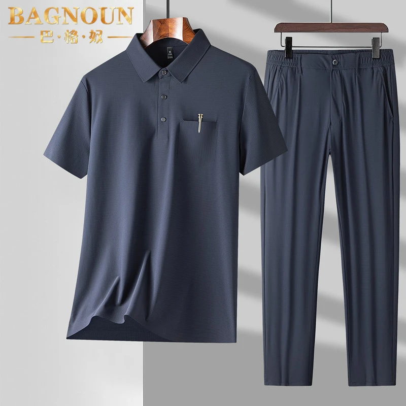 巴格奴休闲运动套装男士夏季时尚冰丝短袖POLO衫长裤爸爸装两件套