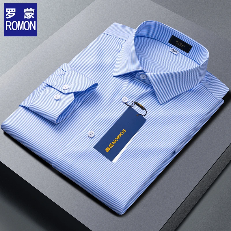 罗蒙2025春季新款男士纯棉长袖衬衫DP免烫抗皱中青年商务休闲衬衣