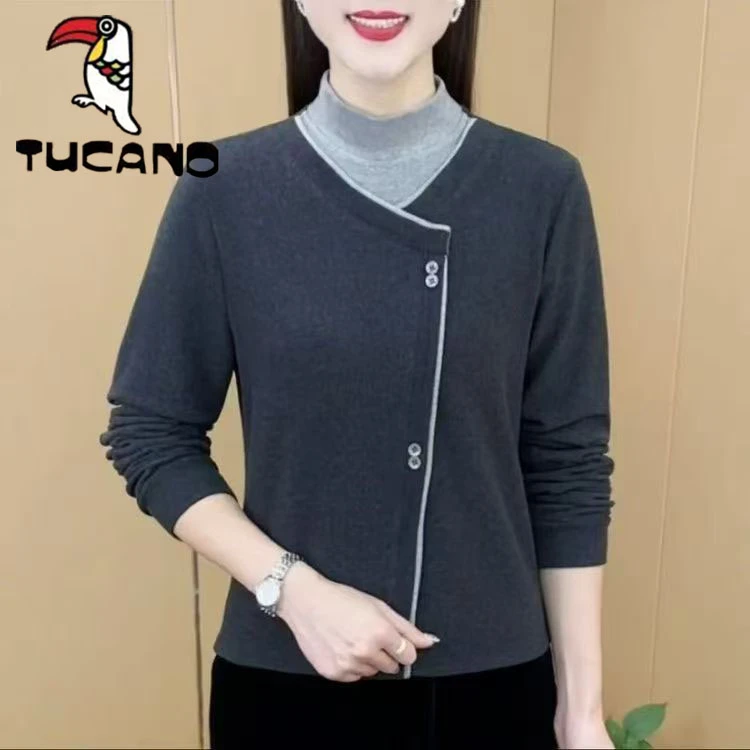 啄木鸟2025秋冬季新款半高领别致小众修身显瘦假两件拼接长袖上衣